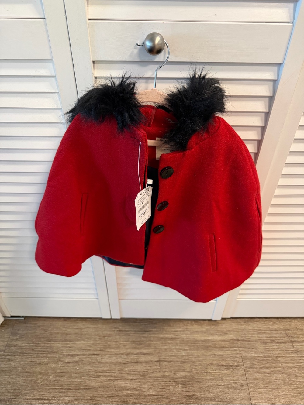 Zara Kids Red Wool-Blend Coat with Faux Fur Trim